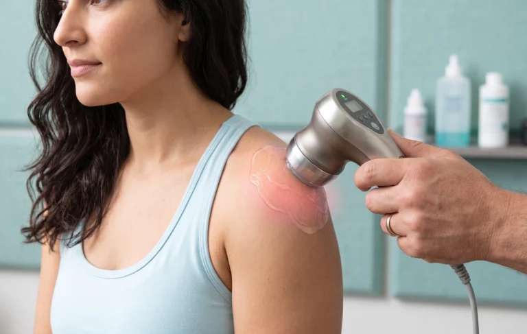 Ultrasound being used on woman's shoulder